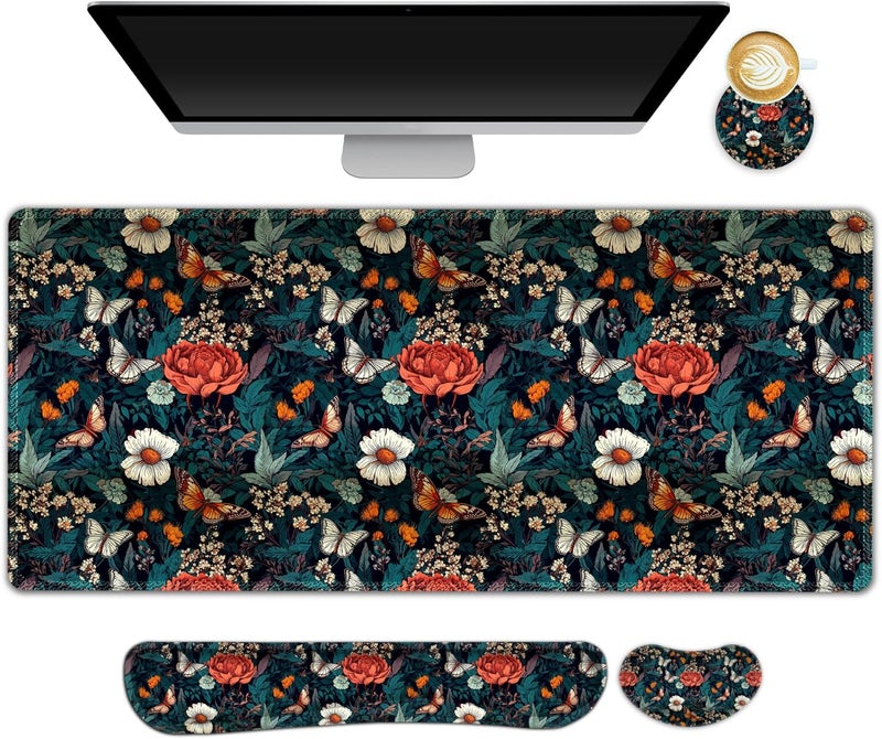 AIMSA XXL Large Gaming Mouse Pad Set with Wrist Rest, Retro Floral Butterfly Pattern, Multicolor, Fabric, Memory Foam, 4 in 1 Combo, Ultra-smooth, Non-slip, Stitched Edges - Image 1